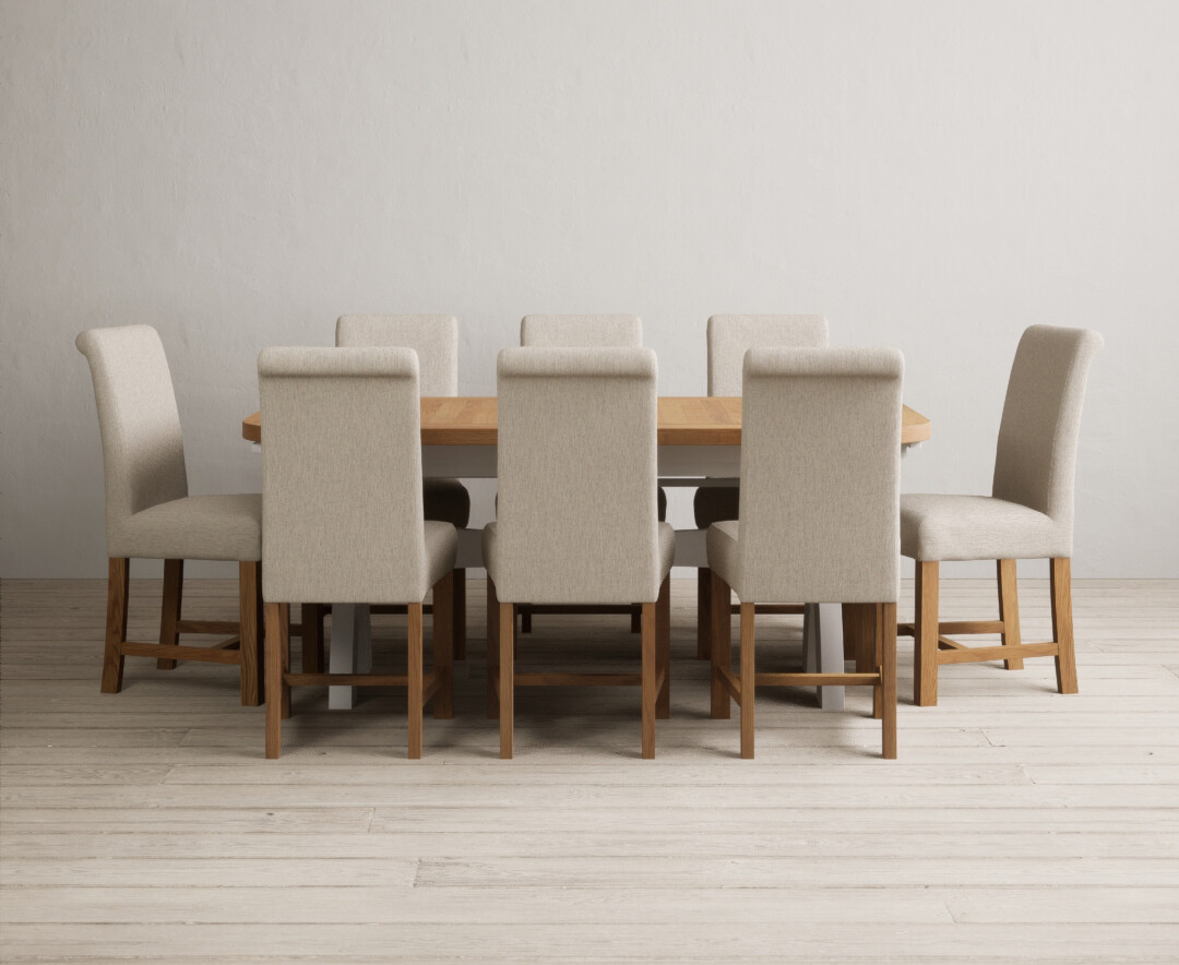 Photo 4 of Extending olympia 180cm oak and soft white painted dining table with 8 natural chairs