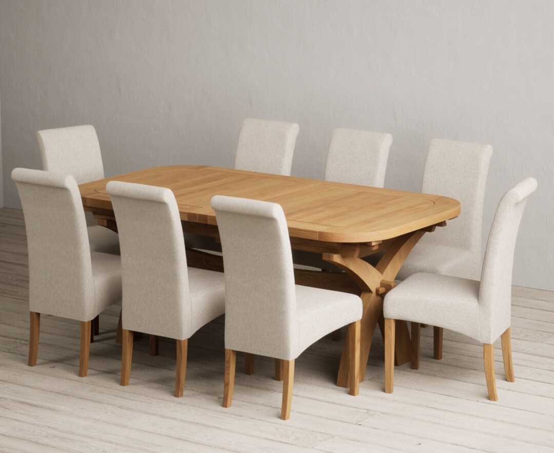 Photo 4 of Extending olympia 180cm solid oak dining table with 10 blue chairs