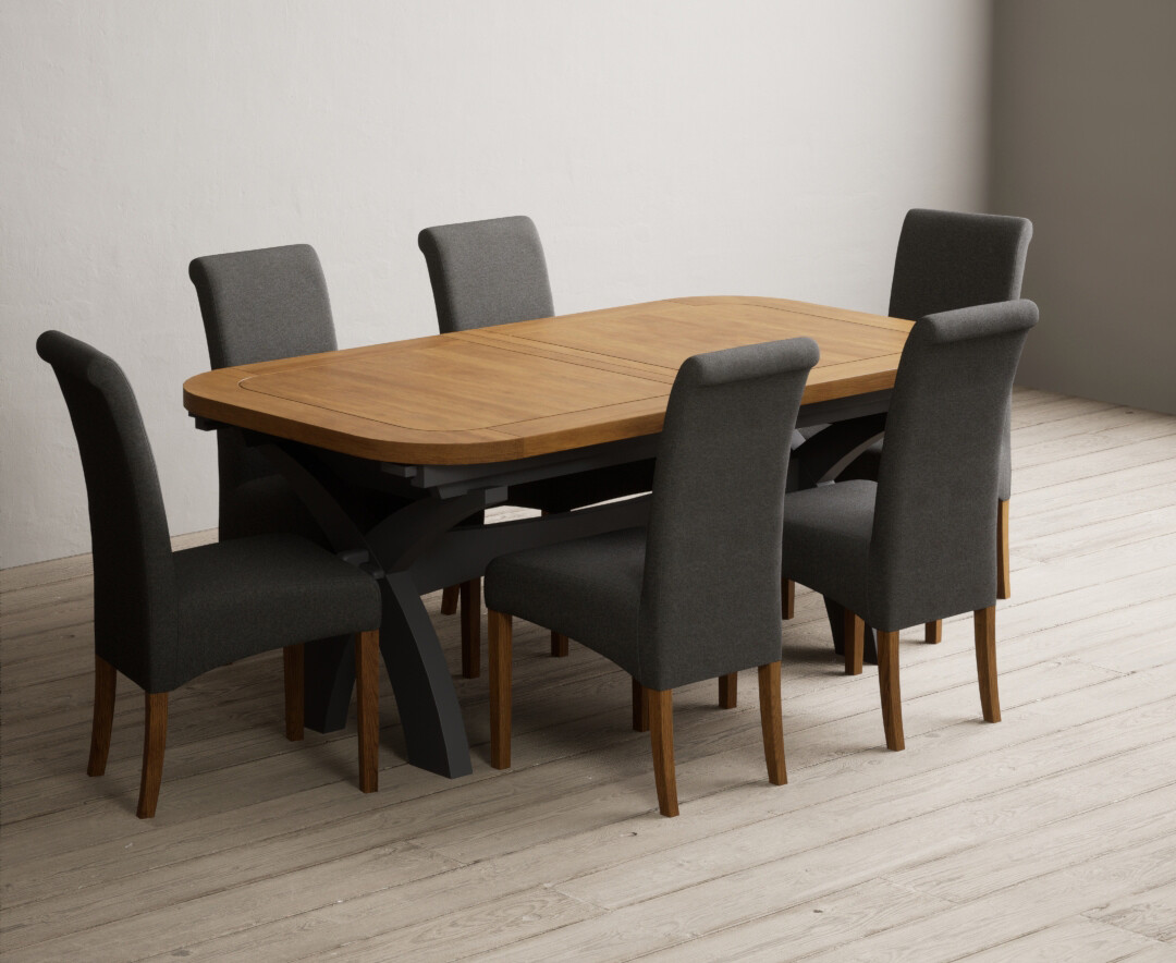 Photo 3 of Extending olympia 180cm oak and charcoal grey painted dining table with 10 charcoal grey scroll back chairs