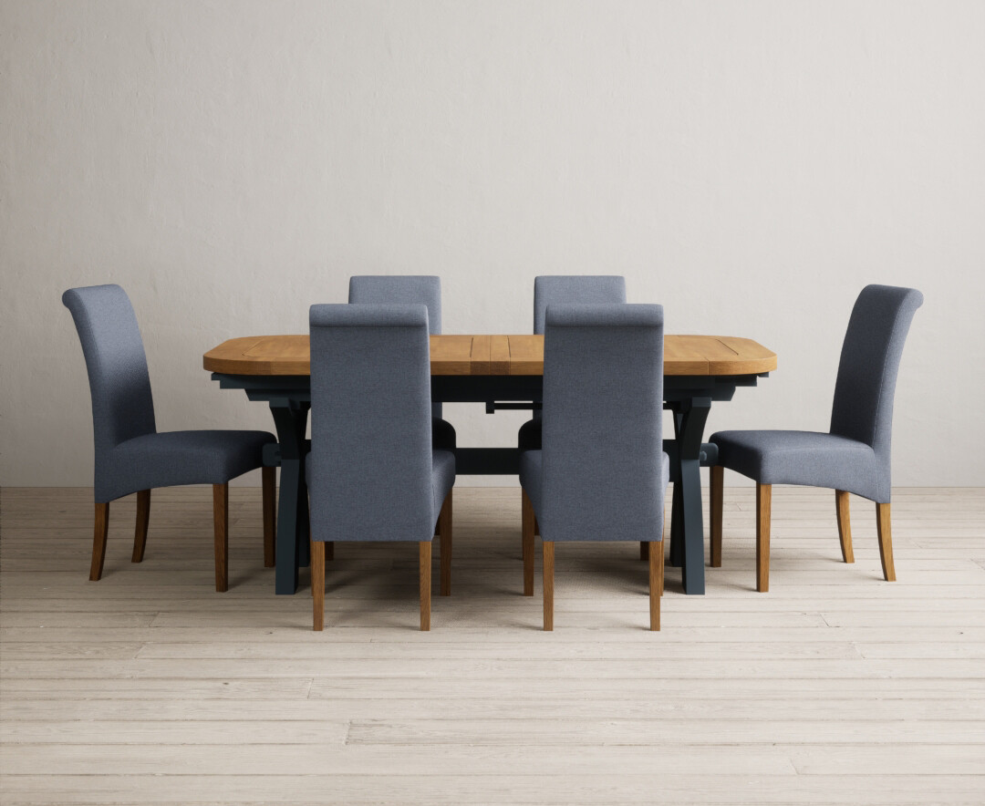 Photo 3 of Extending olympia 180cm oak and dark blue painted dining table with 10 charcoal grey scroll back chairs