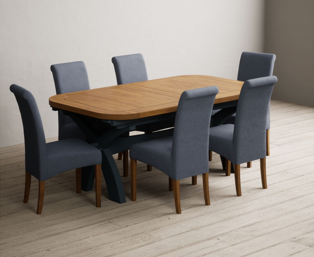 Photo 2 of Extending olympia 180cm oak and dark blue painted dining table with 12 charcoal grey scroll back chairs