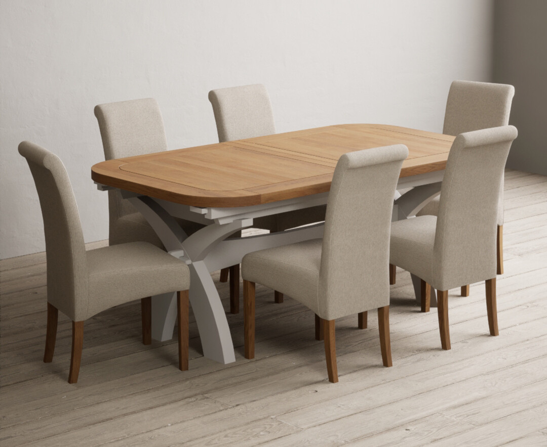 Photo 3 of Extending olympia 180cm oak and soft white painted dining table with 8 charcoal grey scroll back chairs
