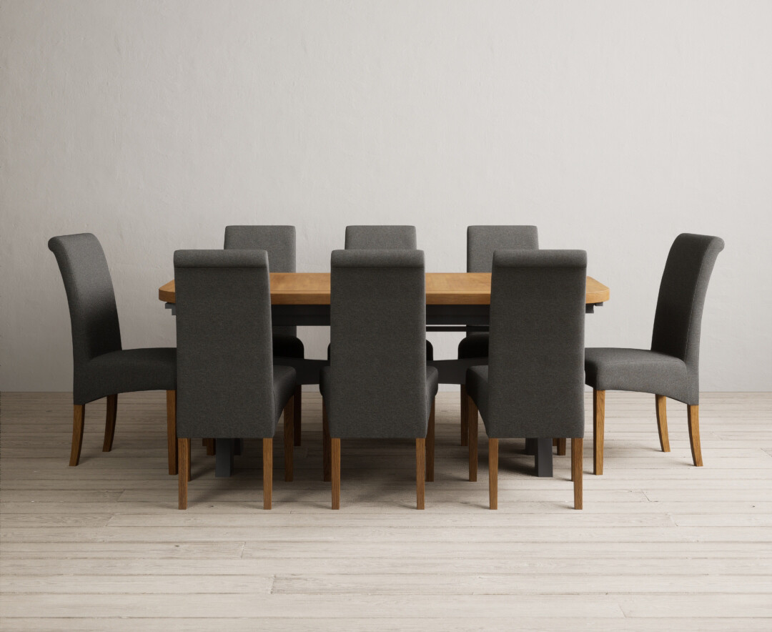 Photo 4 of Extending olympia 180cm oak and charcoal grey painted dining table with 12 charcoal grey scroll back chairs