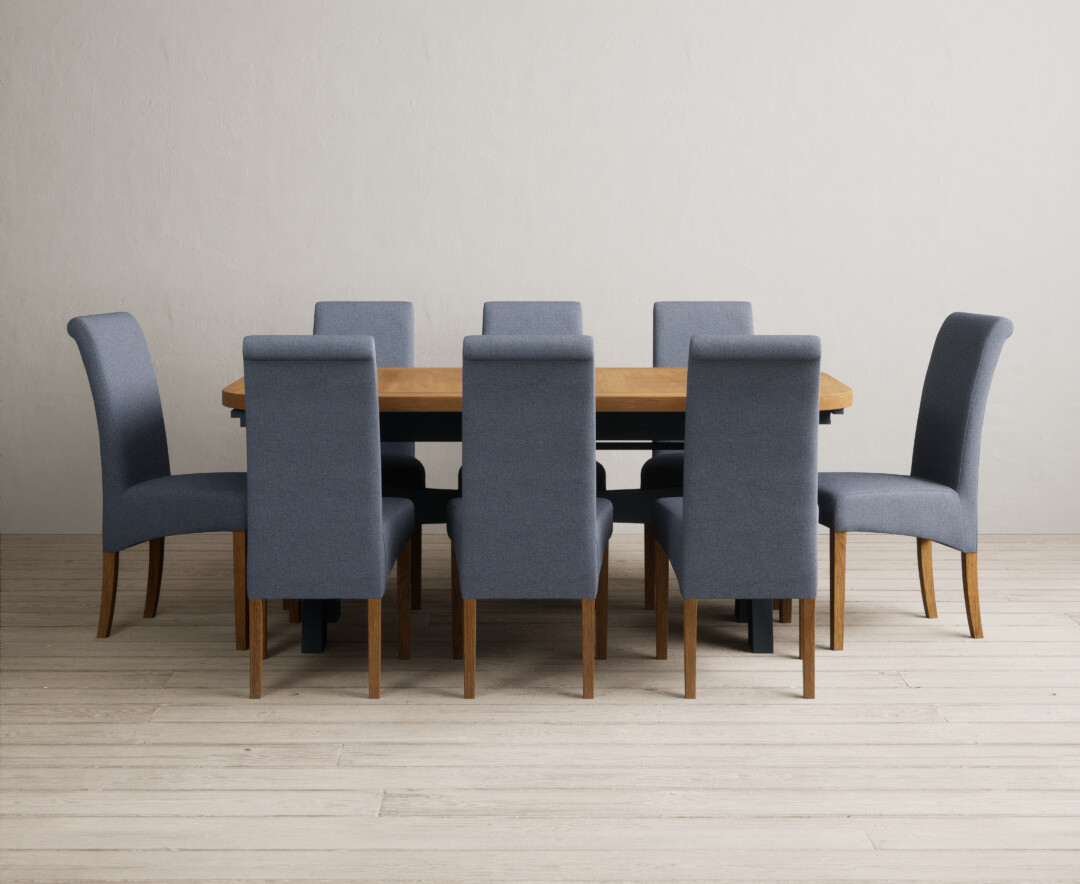 Photo 4 of Extending olympia 180cm oak and dark blue painted dining table with 6 charcoal grey scroll back chairs