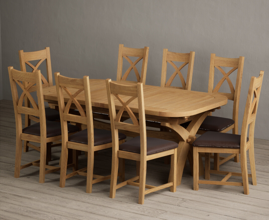 Extending Atlas 180cm Solid Oak Dining Table With 10 Brown X Back Chairs