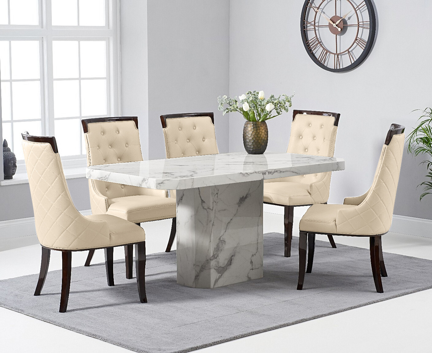 Photo 3 of Belle 160cm marble white dining table with 6 cream francesca chairs