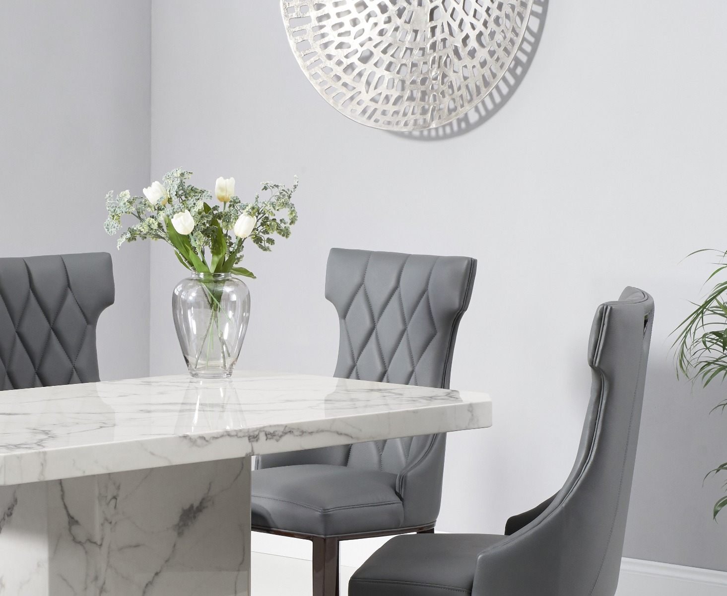 Photo 2 of Belle 160cm marble white dining table with 4 grey sophia chairs