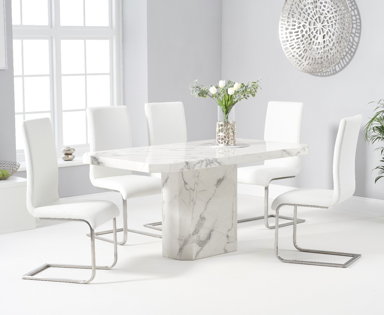 Photo 1 of Belle 160cm marble white dining table with 8 white malaga chairs