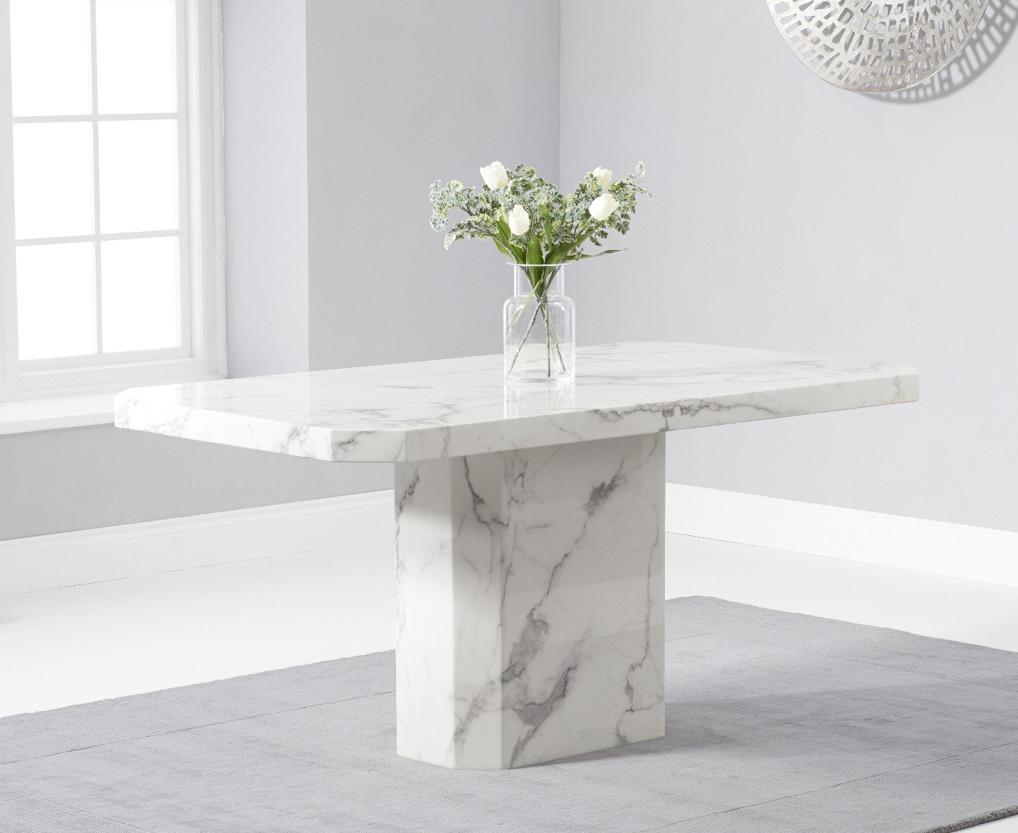Photo 1 of Belle 160cm white marble dining table with 8 white aldo chairs
