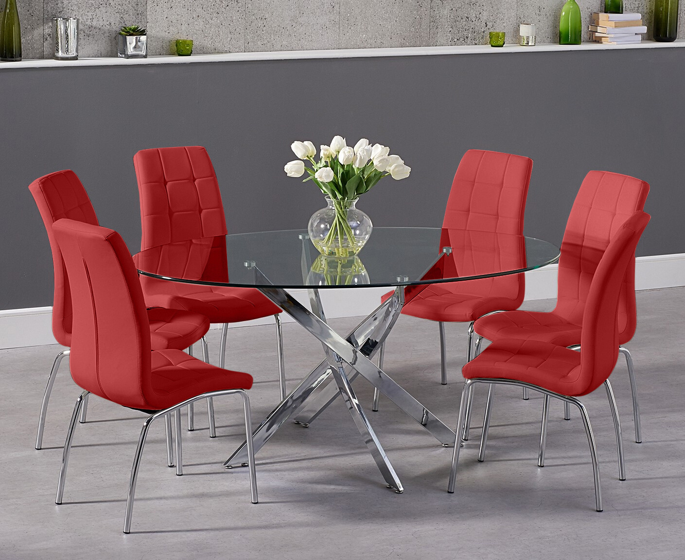 Bernini 165cm Oval Glass Dining Table With 4 Grey Enzo Chairs