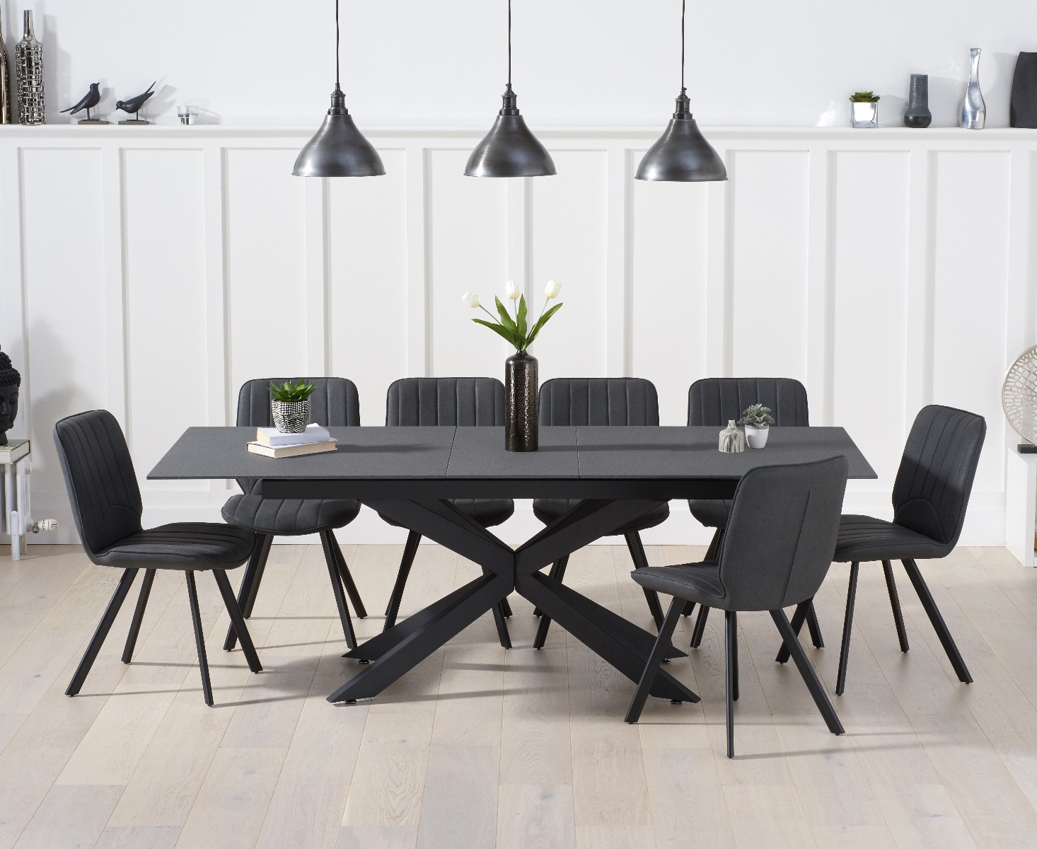 Product photograph of Extending Boston 180cm Grey Stone Dining Table With 6 Grey Hendrick Chairs from Oak Furniture Superstore