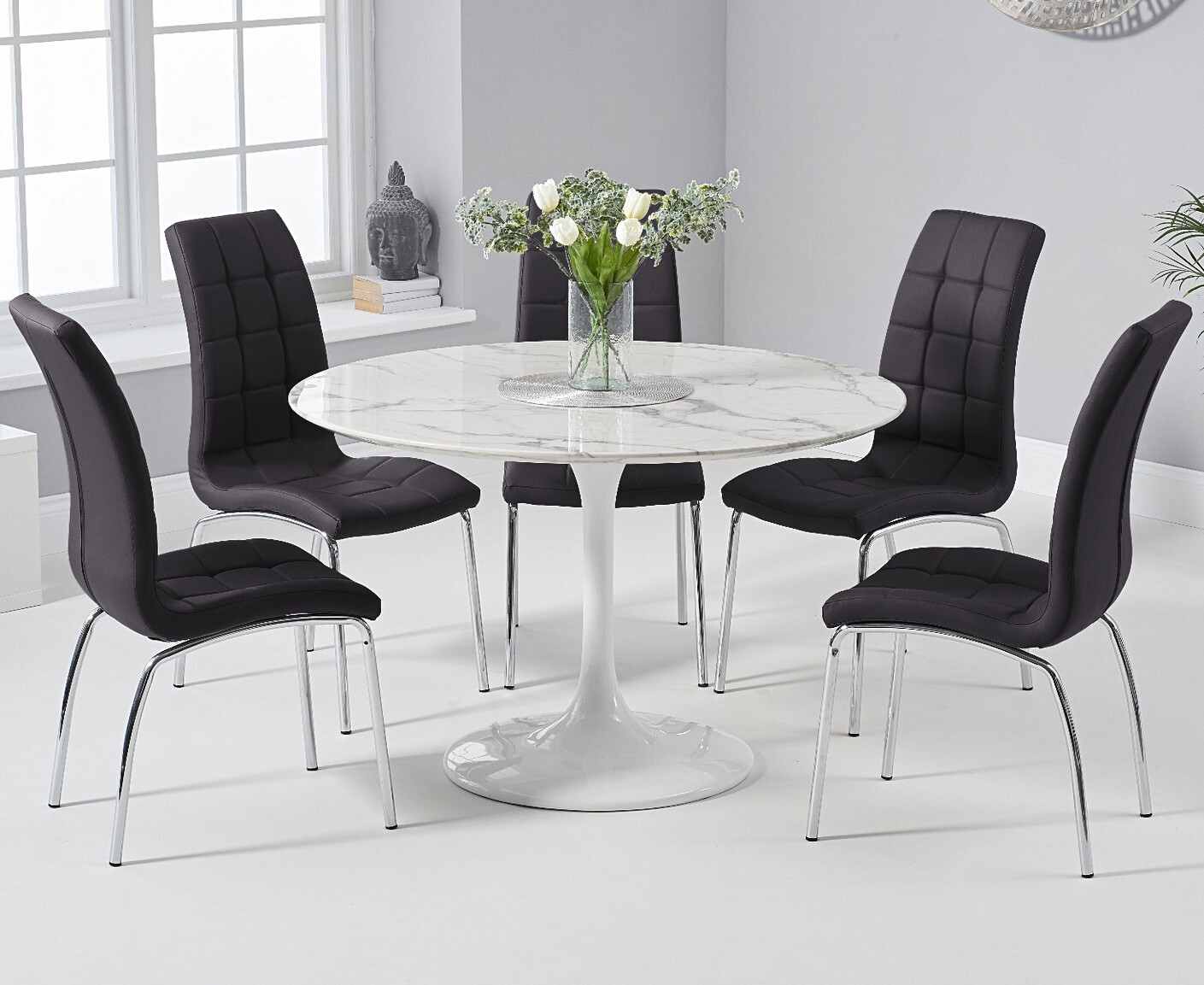 Photo 2 of Brighton 120cm round marble white dining table with 2 red enzo chairs