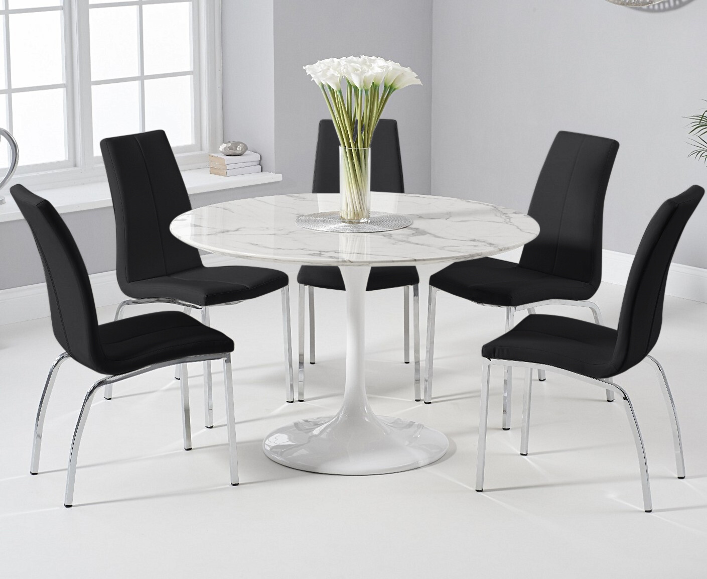 Photo 3 of Brighton 120cm round marble white dining table with 4 white marco chairs