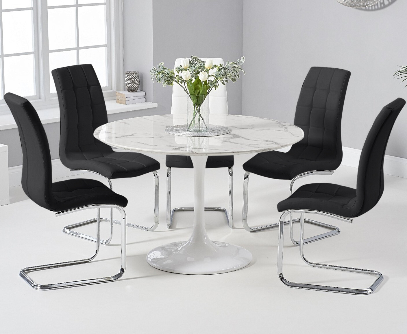 Photo 2 of Brighton 120cm round marble white dining table with 2 black vigo chairs