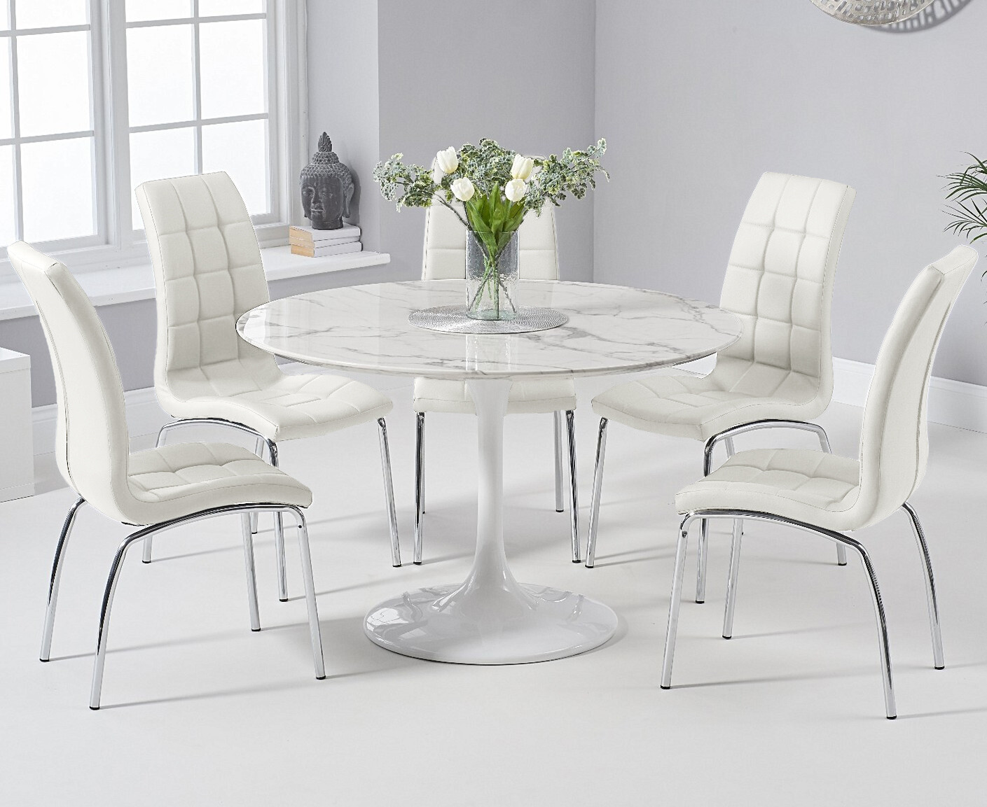 Photo 3 of Brighton 120cm round marble white dining table with 4 cream enzo chairs