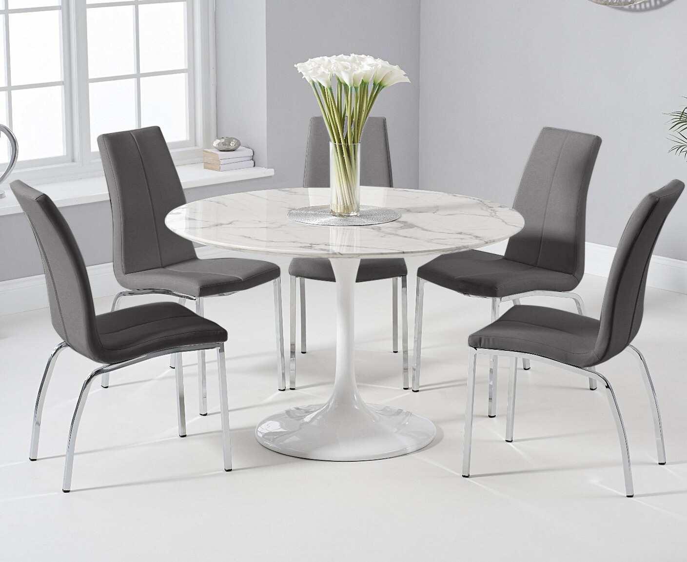 Photo 2 of Brighton 120cm round marble white dining table with 4 white marco chairs