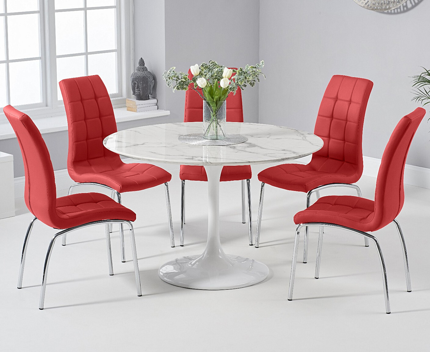 Brighton 120cm Round Marble White Dining Table With 4 Red Enzo Chairs