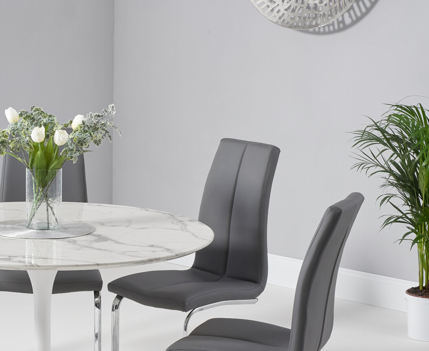 Photo 2 of Brighton 120cm round marble white dining table with 2 grey gianni chairs