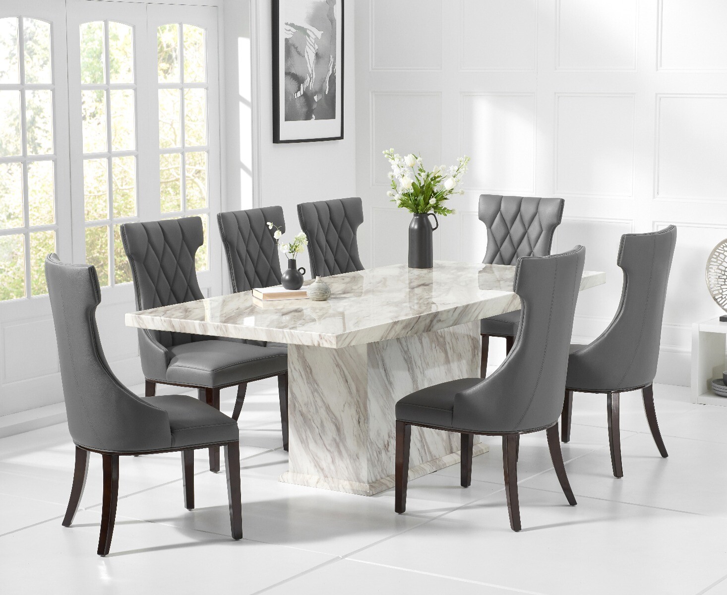 Product photograph of Marino 220cm Marble Dining Table With 6 Cream Sophia Chairs from Oak Furniture Superstore