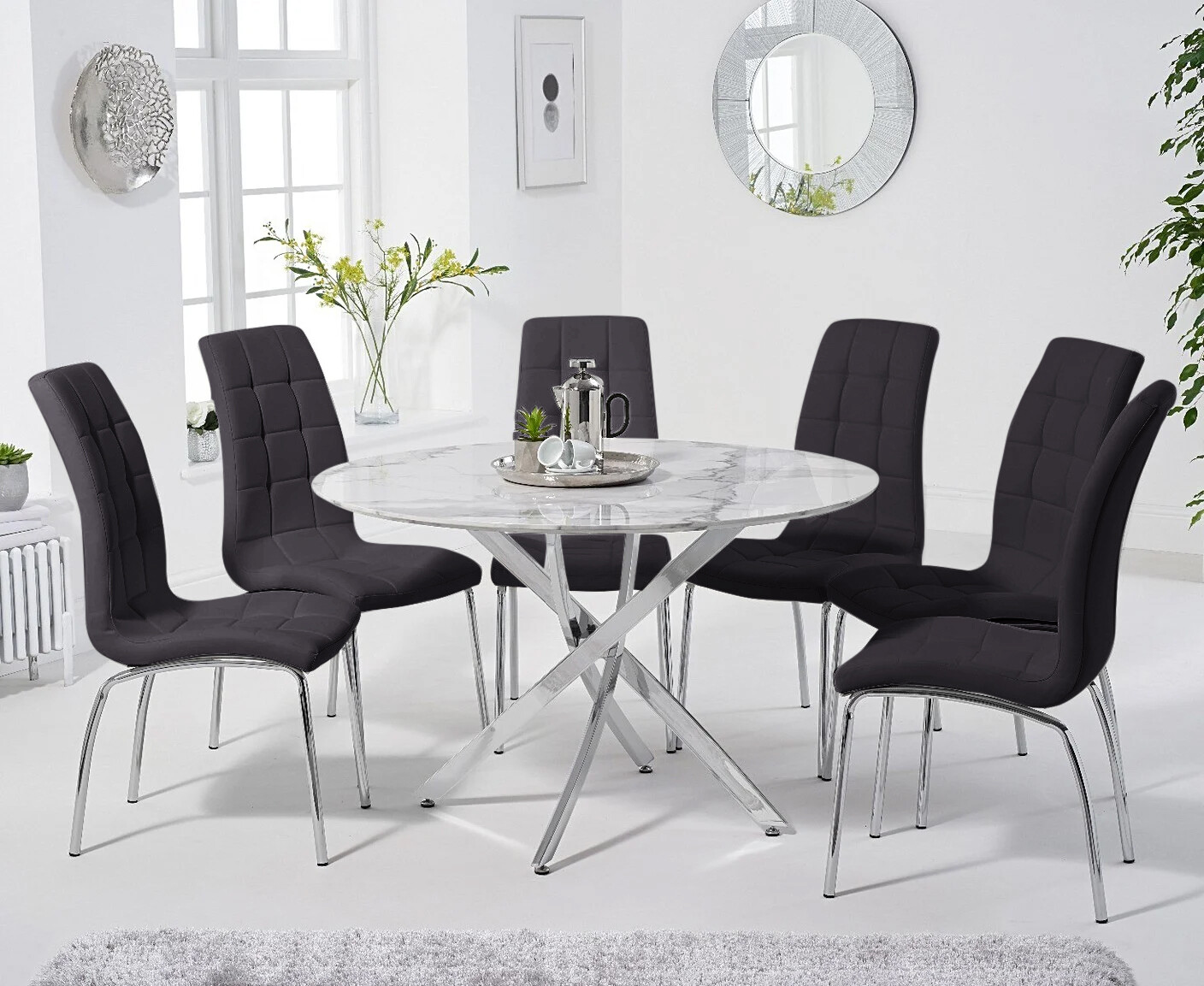 Photo 3 of Carter 120cm round white marble dining table with 4 cream enzo chairs