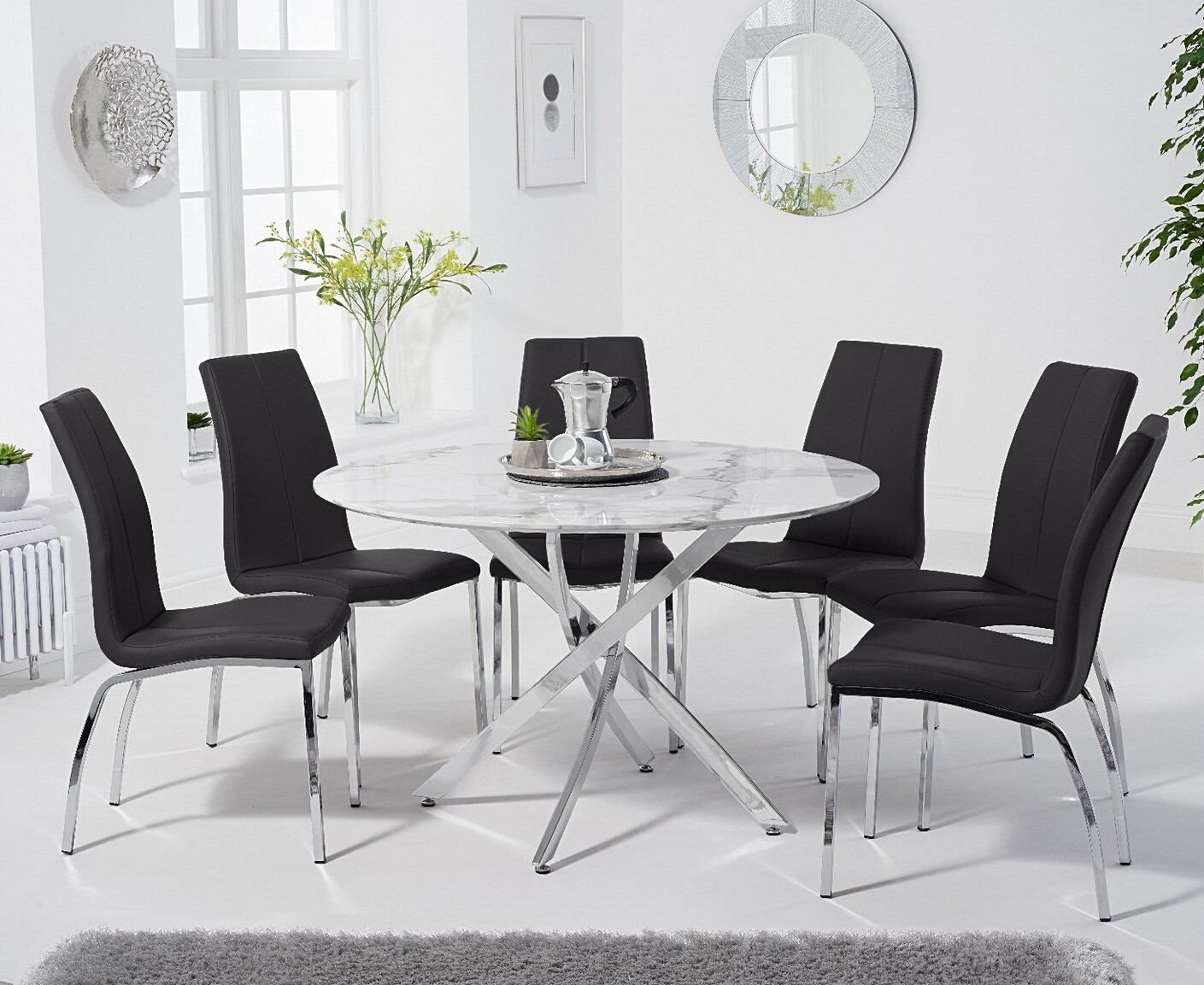 Photo 2 of Carter 120cm round white marble dining table with 6 grey marco chairs