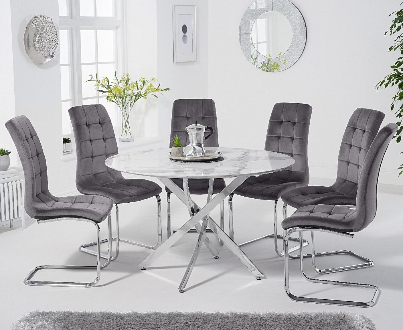 Photo 1 of Carter 120cm round white marble dining table with 4 grey vigo chairs