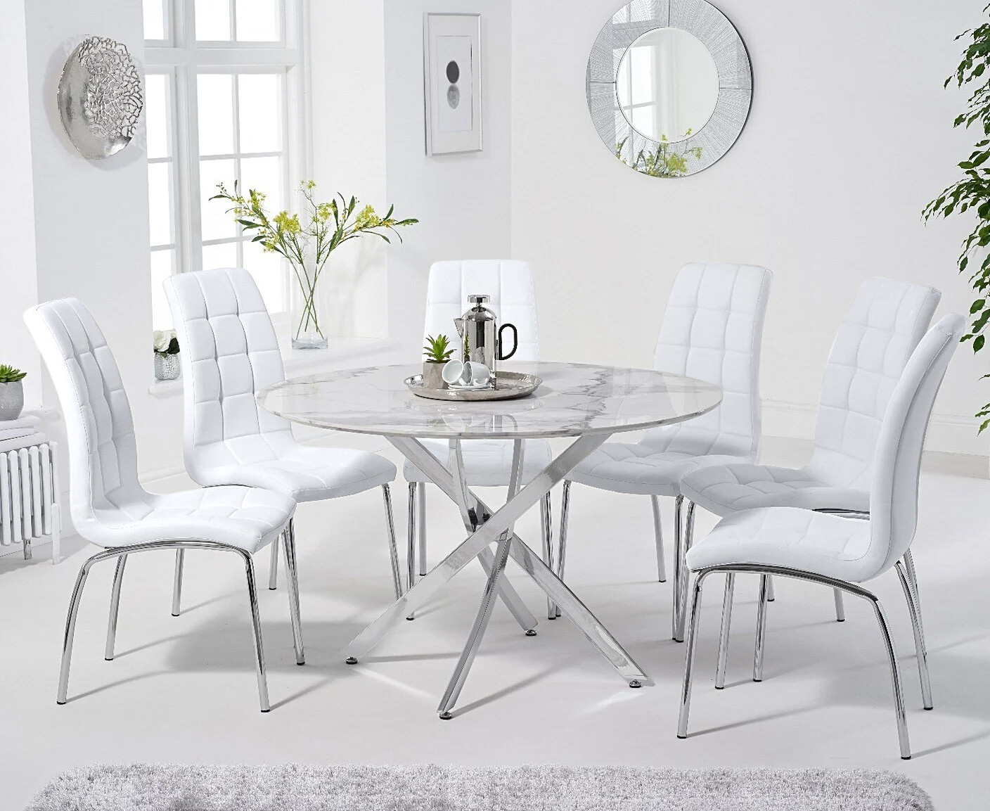Photo 2 of Carter 120cm round white marble dining table with 4 red enzo chairs