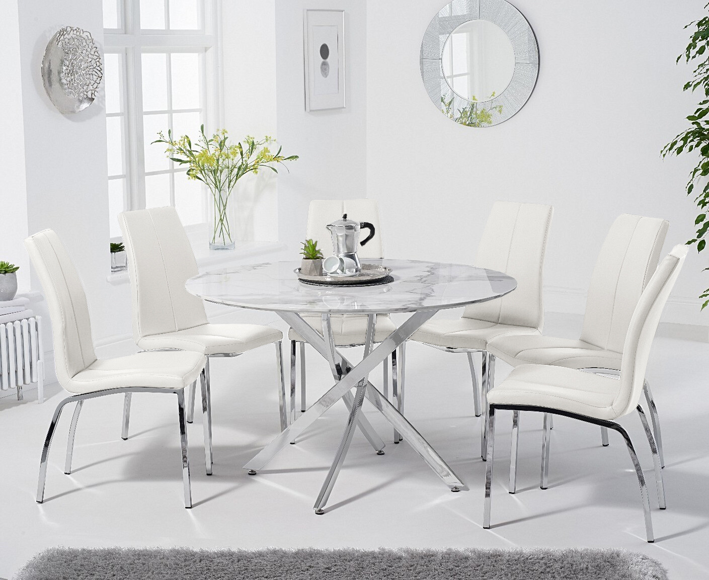 Photo 3 of Carter 120cm round white marble dining table with 6 grey marco chairs