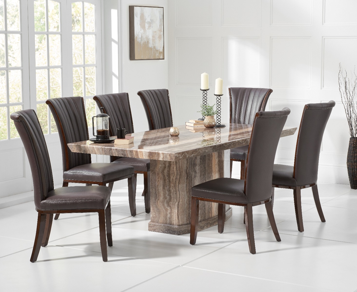 Product photograph of Carvelle 200cm Brown Pedestal Marble Dining Table With 12 Cream Lorient Chairs from Oak Furniture Superstore