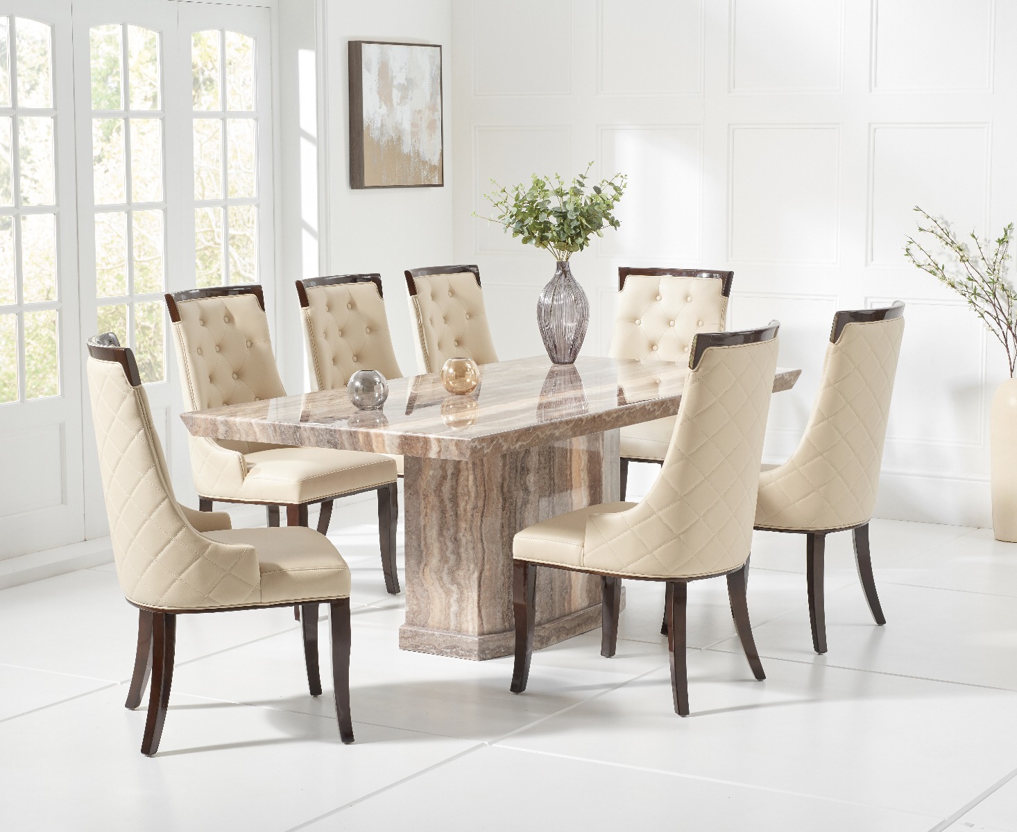 Carvelle 160cm Brown Pedestal Marble Dining Table With 6 Cream Francesca Chairs