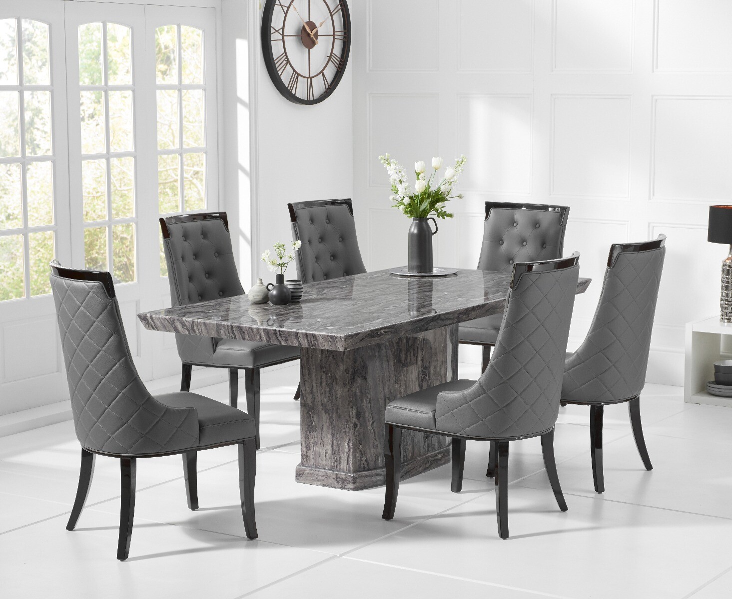 Product photograph of Carvelle 200cm Grey Pedestal Marble Dining Table With 8 Grey Francesca Chairs from Oak Furniture Superstore