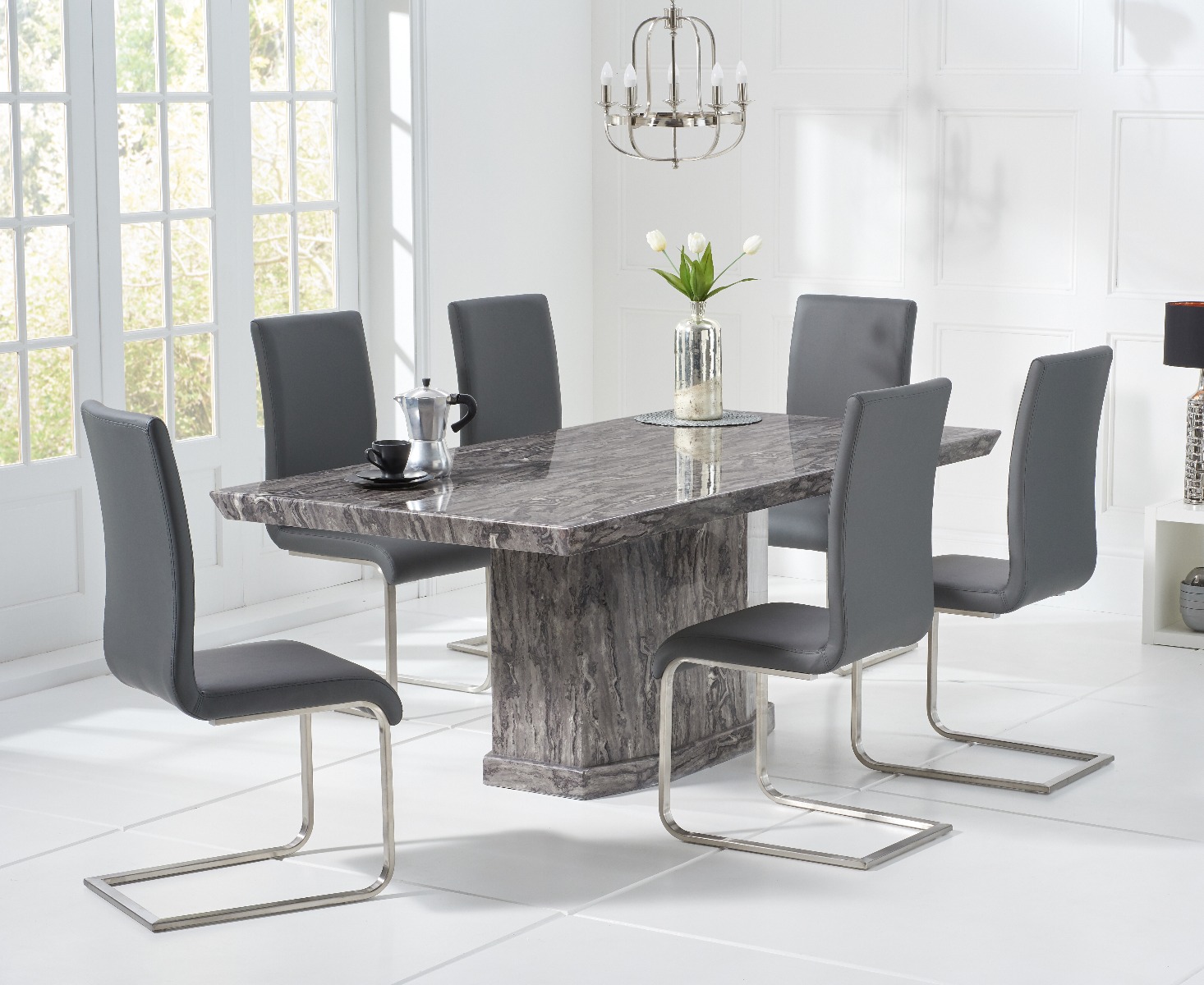 Carvelle 200cm Grey Pedestal Marble Dining Table With 6 Grey Austin Chairs