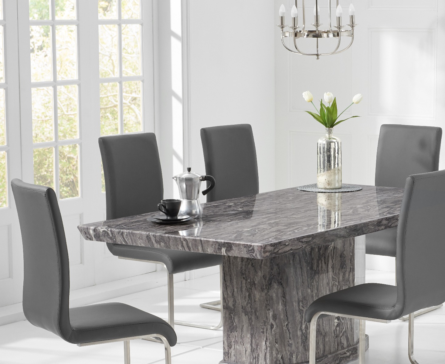 Photo 3 of Carvelle 160cm grey pedestal marble dining table with 4 grey austin chairs