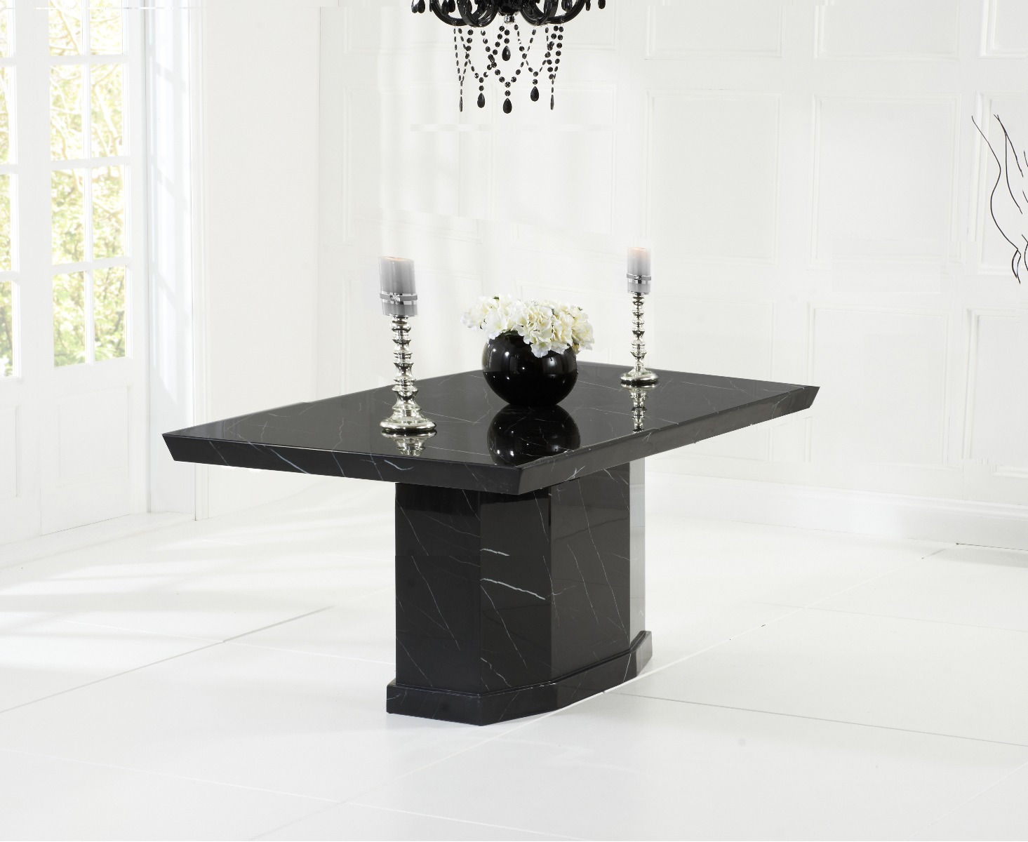 Photo 4 of Carvelle 160cm black pedestal marble dining table with 8 brown novara chairs