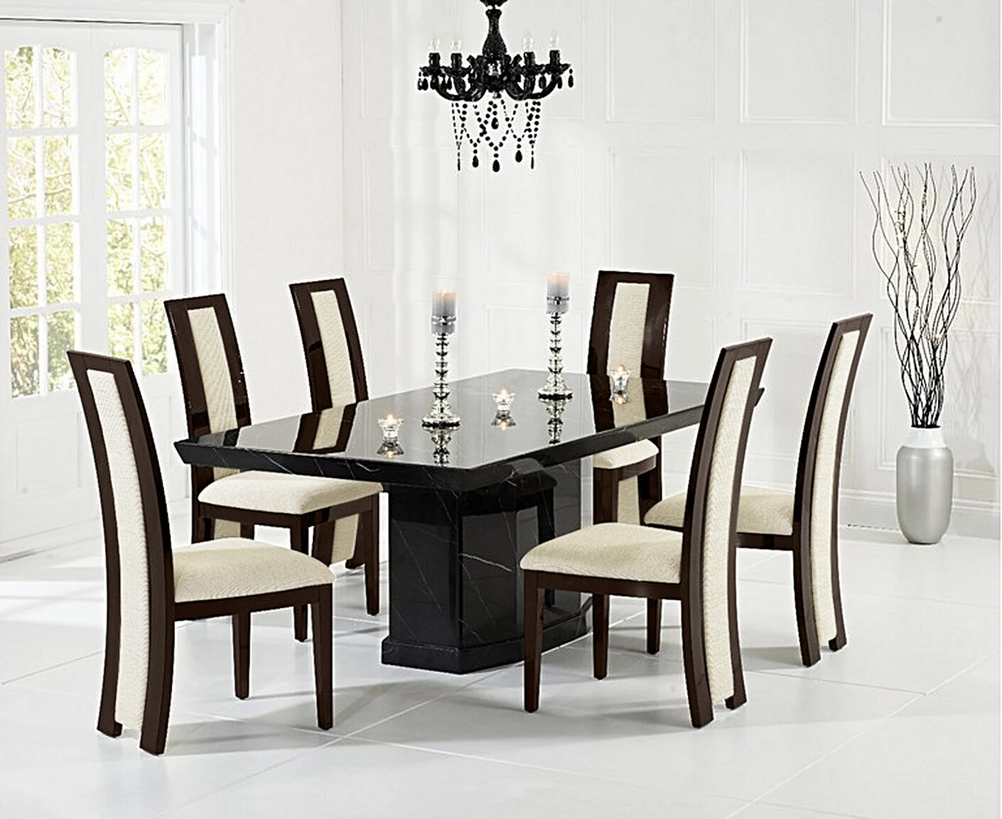 Photo 2 of Carvelle 160cm black pedestal marble dining table with 8 black novara chairs