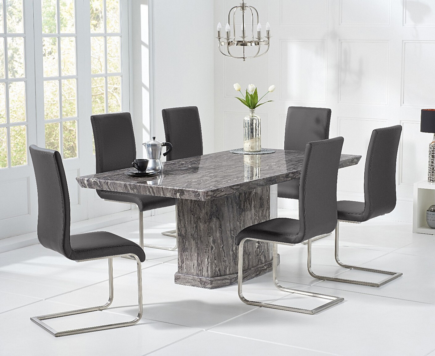 Photo 2 of Carvelle 160cm grey pedestal marble dining table with 6 black austin chairs