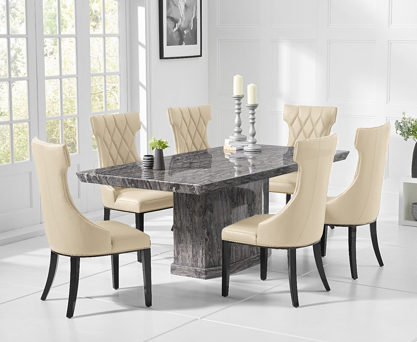 Photo 2 of Carvelle 160cm grey pedestal marble dining table with 4 grey sophia chairs