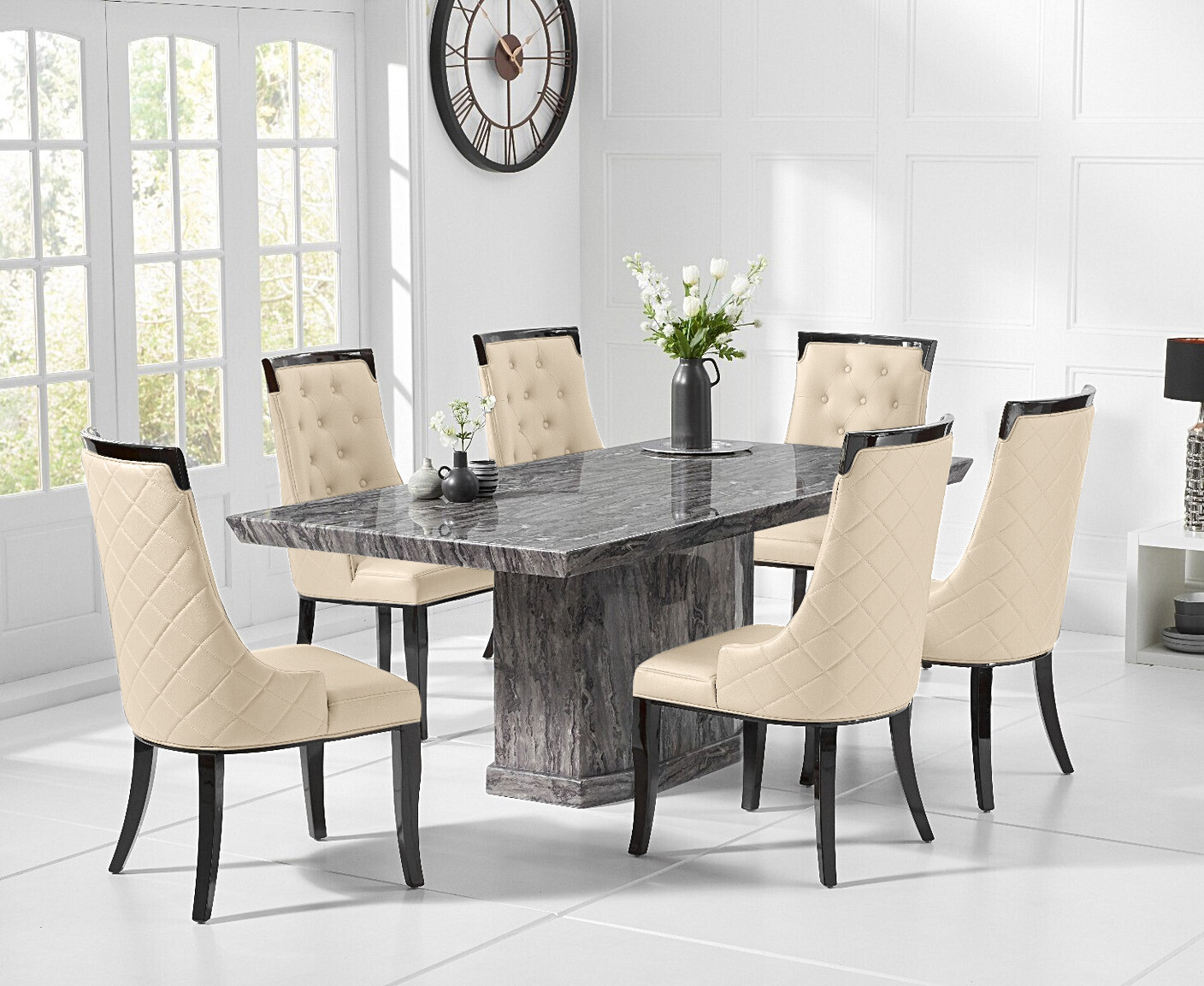 Photo 2 of Carvelle 200cm grey pedestal marble dining table with 6 cream francesca chairs
