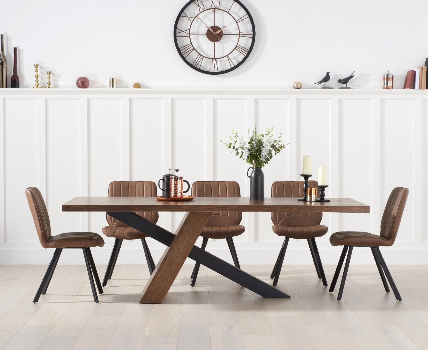 Photo 1 of Michigan 180cm rustic oak and metal black leg industrial dining table with 8 brown hendrick chairs