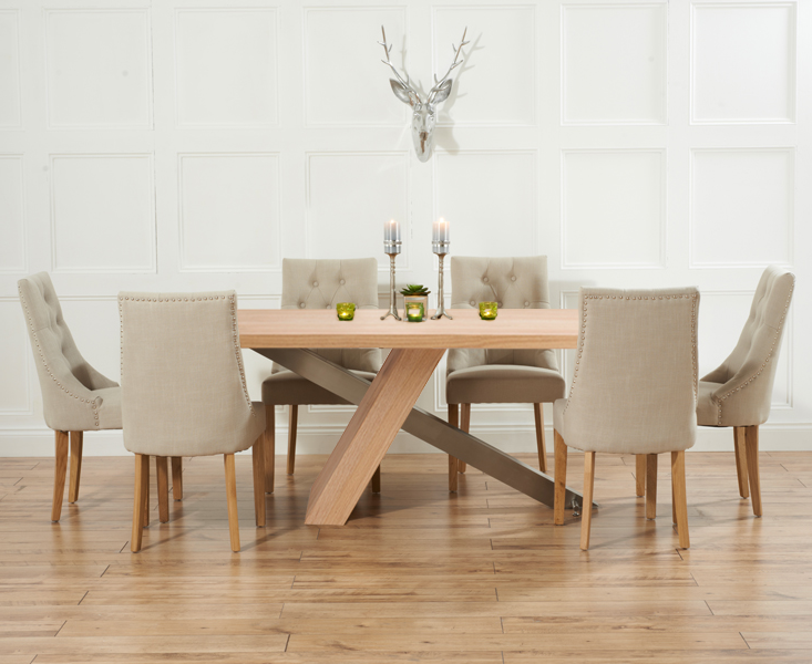 Michigan 180cm Oak And Metal Industrial Dining Table With 6 Natural Beatrix Fabric Chairs