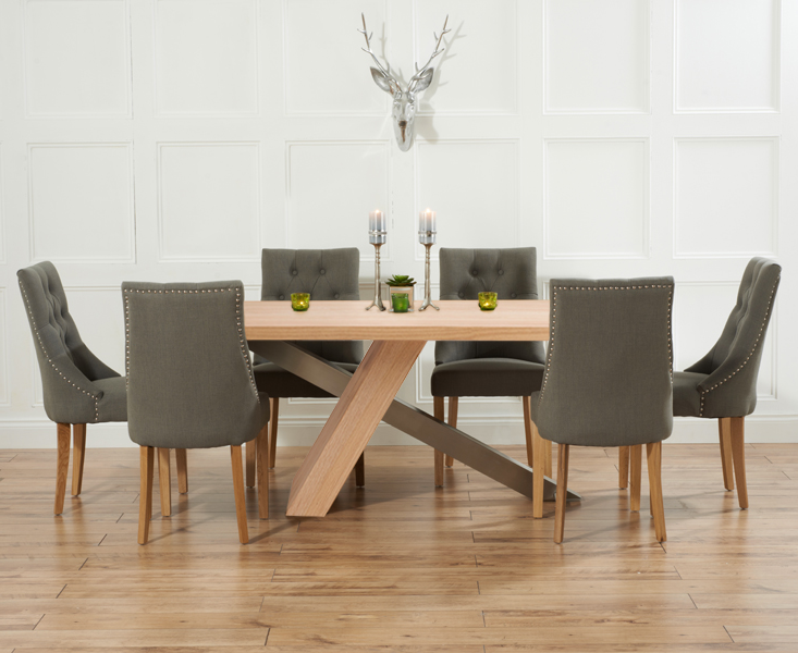 Product photograph of Michigan 180cm Oak And Metal Industrial Dining Table With 8 Grey Beatrix Fabric Chairs from Oak Furniture Superstore