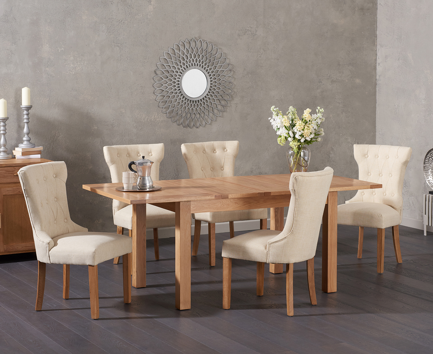 Cheadle 130cm Oak Extending Dining Table With 6 Grey Clara Fabric Chairs