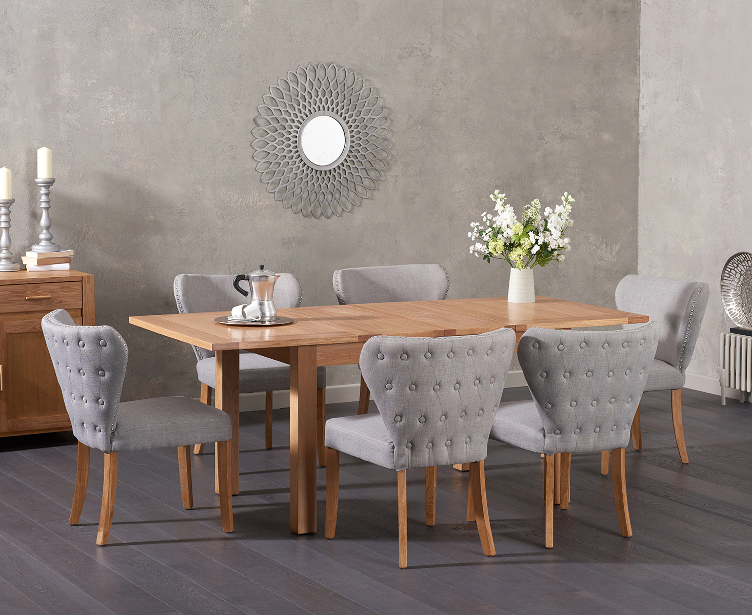 Cheadle 130cm Oak Extending Dining Table With 6 Grey Isla Fabric Chairs