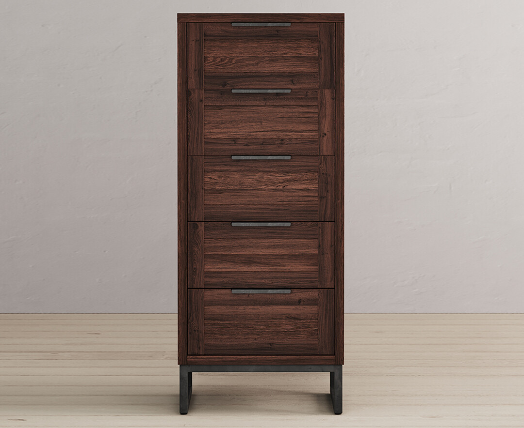 Dakota Dark Acacia And Metal 5 Drawer Tallboy Chest