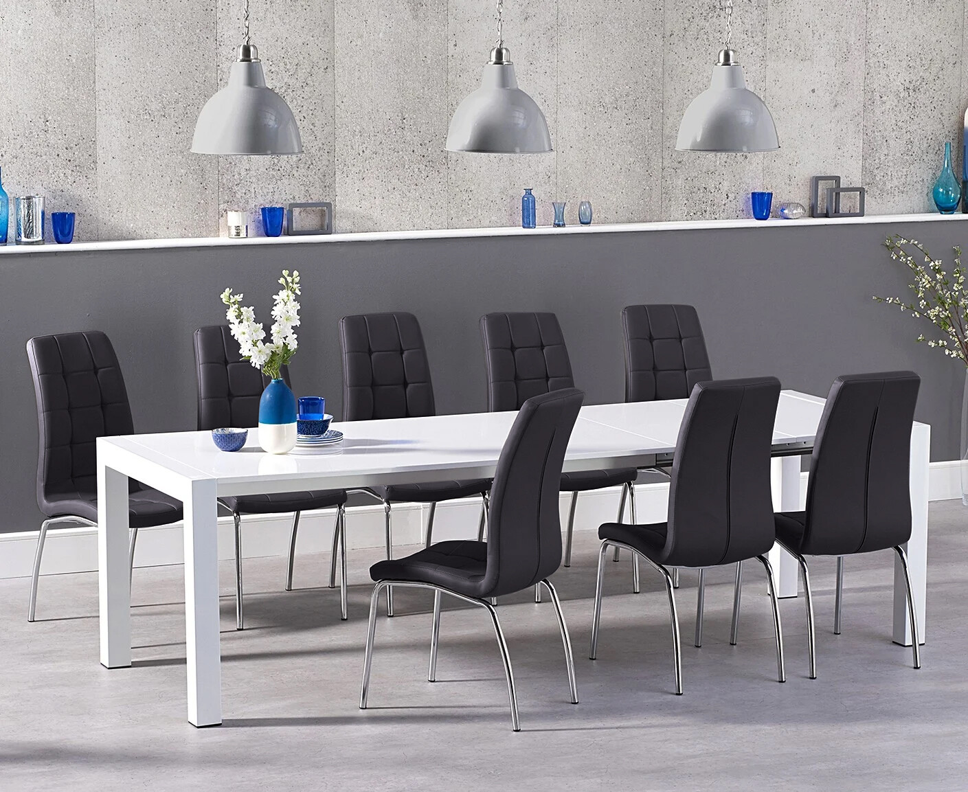 Photo 1 of Extending cleveland white high gloss dining table with 12 grey enzo chairs