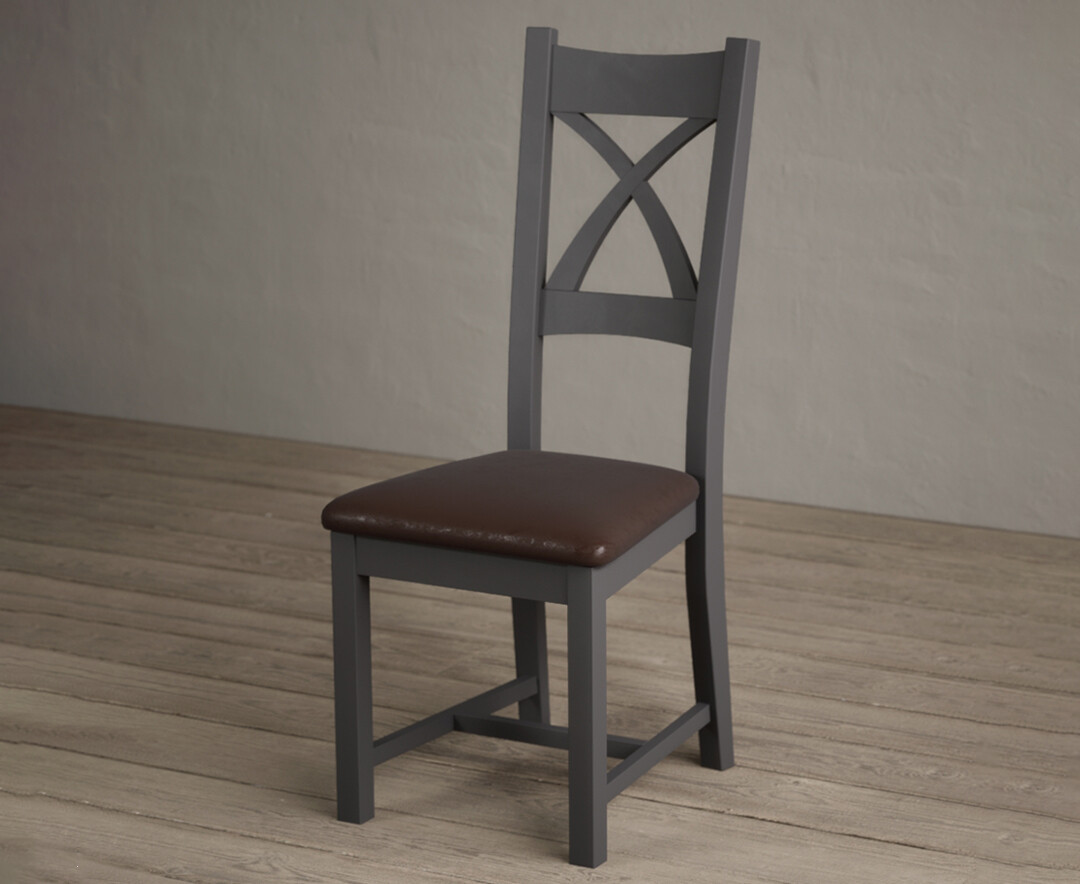 Photo 2 of Painted charcoal grey x back dining chairs with brown suede seat pad
