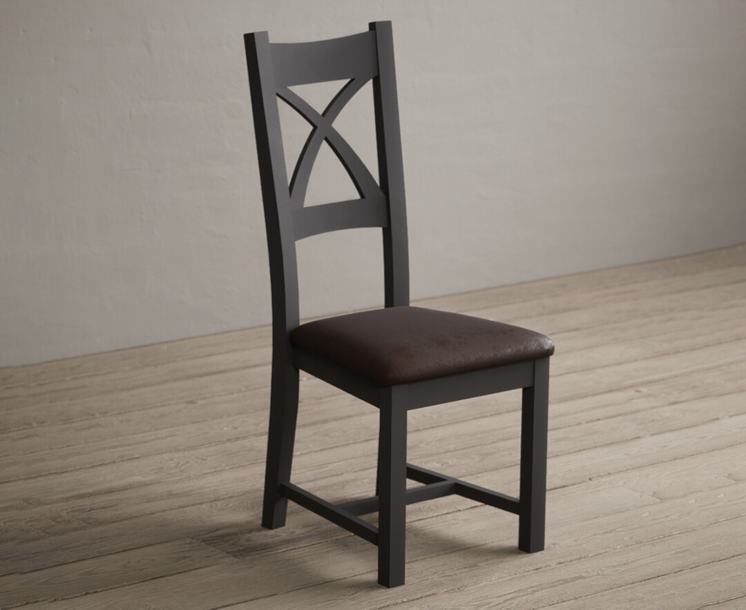 Photo 1 of Painted charcoal grey x back dining chairs with brown suede seat pad