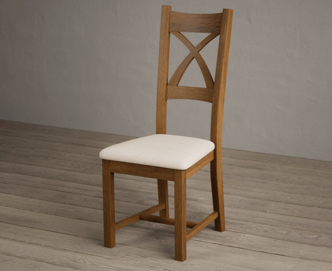 Photo 2 of Rustic solid oak x back dining chairs with linen seat pad