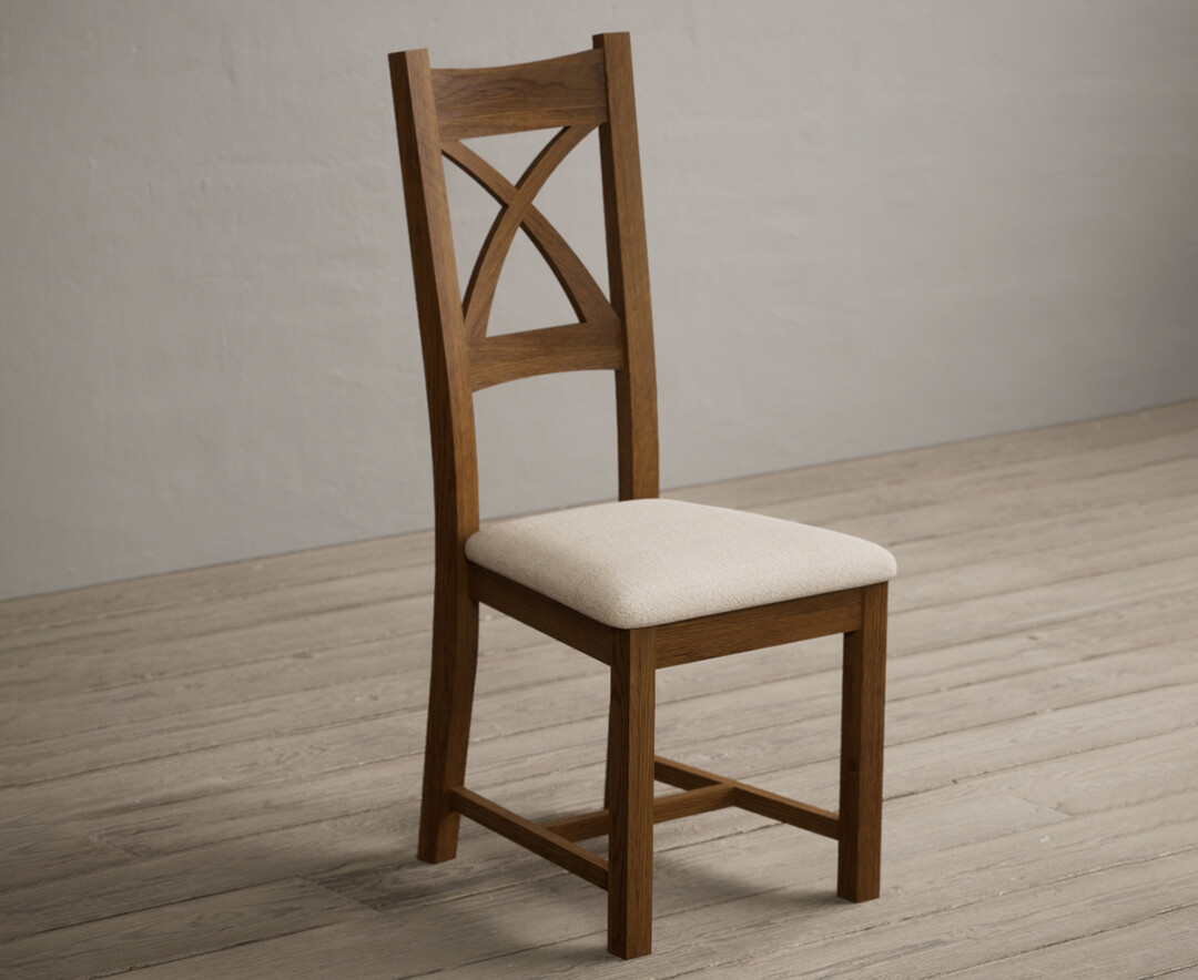 Photo 1 of Rustic solid oak x back dining chairs with linen seat pad