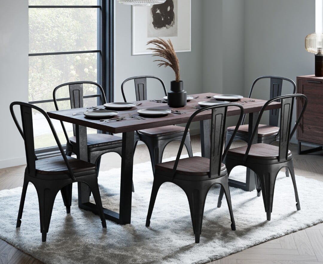 Product photograph of Dakota 190cm Dark Acacia And Metal Dining Table With 6 Rustic Dakota Chairs from Oak Furniture Superstore